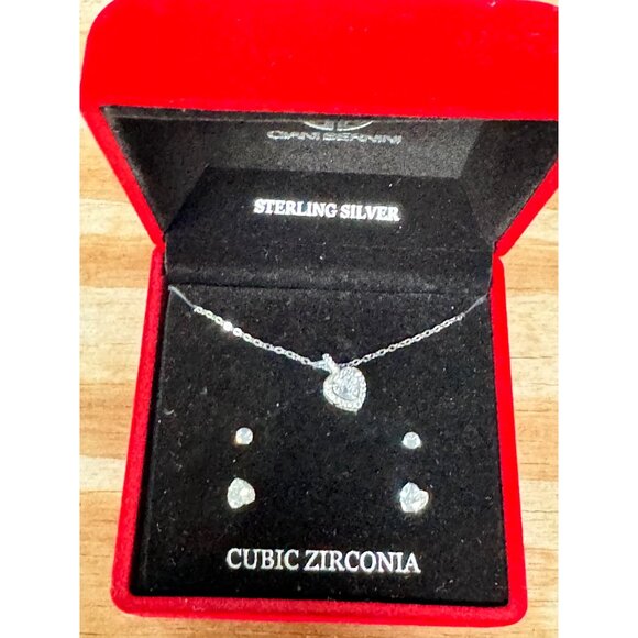 Sterling Silver Cubic Zirconia Heart Pendant Necklace & Earrings Set In Red Velv - Picture 5 of 6